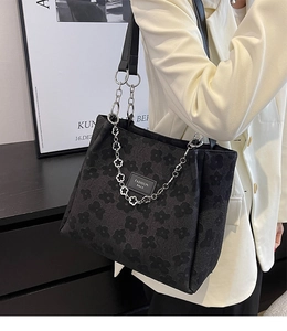 Détail du cabas noir gaufré de fleurs avec chaîne en cœur et finitions métalliques