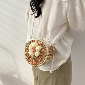 Handmade Round Straw Woven Crossbody Bag Artificial Pearl Strap Flower Decor Drawstring Lining Summer Vacation Beach Bag For Women