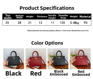 Size chart and specifications for a medium PU leather top-handle crossbody bag