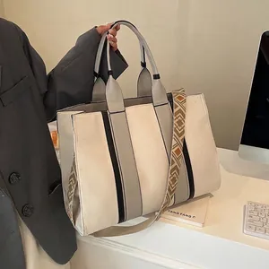 Sac Tote Femme Grande Capacité Toile PU Cuir Sac à Épaule Avec Bandoulière Large Géométrique Sac à Main de Navettage