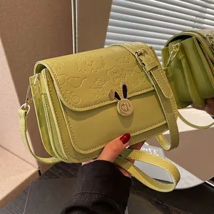 Women's Cartoon Embossed PU Leather Crossbody Bag Cute Rabbit Ear Lock Accordion Small Square Shoulder Bag For Girls
