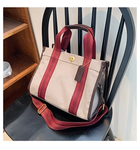 Detail of khaki canvas tote bag featuring brown leather trim and golden twist lock buckle