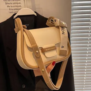 Women Modern PU Leather Crossbody Bag Contrast Color Small Square Saddle Bag With Letter Ribbon Strap For Casual Travel