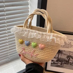 Women's Sweet Straw Woven Handbag With Lace Trim And 3D Heart Decoration Beautiful Letter Embroidery Versatile Beach Bucket Bag