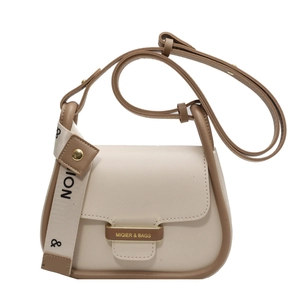 Chic two-tone saddle bag in beige and brown PU leather with golden metal clasp closure