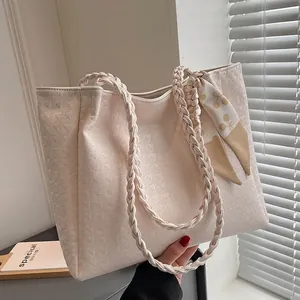 Women Large Capacity PU Leather Tote Bag Fashion Star Embossed Shoulder Bag With Woven Handles And Satin Scarf Handbag