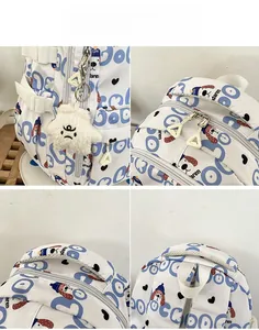 Détails du sac à dos blanc avec lettrage bleu, imprimé chiot et pendentif étoile en peluche