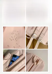 Detail view of pink waterproof nylon backpack with side pockets and adjustable straps