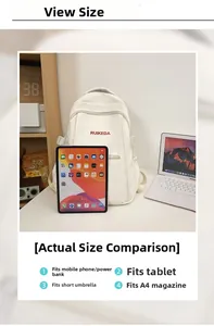 Internal capacity of white backpack showing fit for tablet, umbrella, and A4 magazine