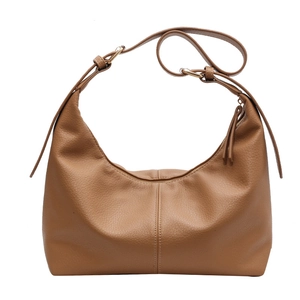 Large caramel brown hobo shoulder bag in pebble grain leather with adjustable strap