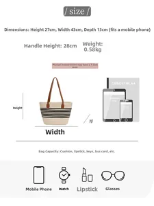 Detailed size specifications for large woven straw tote with interior capacity dimensions