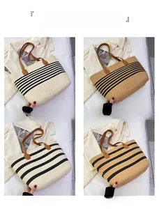 Collage of four woven tote bags in beige and khaki stripes with leather handles