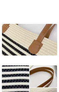 Close-up of striped woven straw bag with premium leather handles and contrast stitching