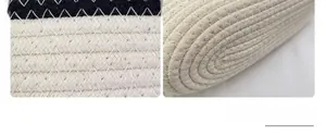 Macro detail of dual-tone woven texture featuring black and beige cotton rope with Z-stitch