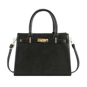Elegant black leather handbag for women with gold clasp and detachable shoulder strap