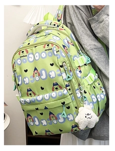 Détail d'un sac à dos vert clair avec motifs de chiens et un petit pendentif de chiot