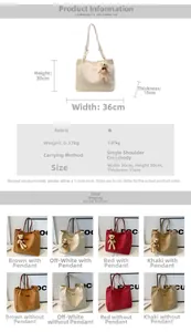 Detailed spec sheet for large canvas tote bag with size chart and four color options