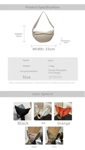 Detailed dimension chart showing 33x16x10cm size and colors for nylon crescent bag