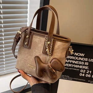 Women Retro Mini Bucket Bag Spliced Canvas PU Leather Small Tote With Dog Charm Adjustable Shoulder Crossbody Handbag