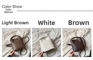 Detailed comparison of coffee and white PU leather bucket bags with metal handle straps