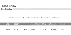 Size chart showing PU leather bucket bag dimensions, weight and strap length details