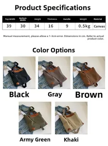 Size chart showing large canvas tote dimensions including width, height, and five colors