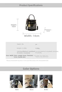 Guide des tailles montrant les dimensions du sac seau en similicuir en trois couleurs