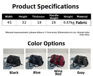 Size guide for large capacity waterproof Oxford travel bag showing dimensions and colors
