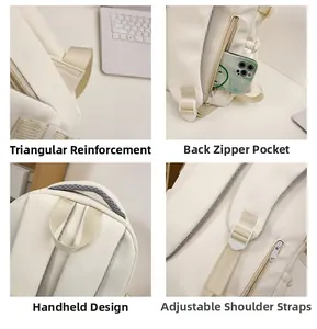 Detail view of reinforced stitching, hidden anti-theft pocket and adjustable straps on backpack