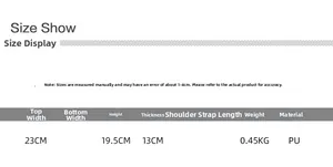 Size specification chart for red PU leather handbag with width and height measurements