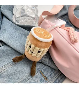 Plush coffee cup bag charm with heart foam art and cute smiling face embroidery