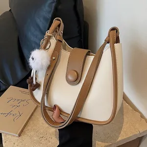 Women PU Leather Saddle Underarm Bag Color Block Retro Shoulder Crossbody Purse with Plush Monster Charm Korean Style