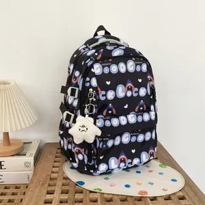 Sac à Dos en Nylon Grande Capacité pour Femmes Décontracté Imprimé Chien École Avec Pendentif Peluche Sac à Dos Voyage Filles