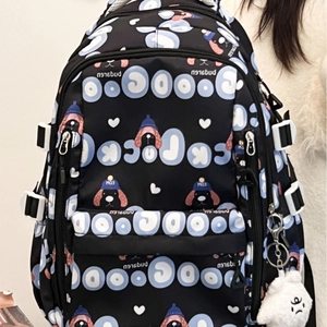 Sac à dos noir grande capacité avec imprimés chiots et pendentif nuage en peluche blanc