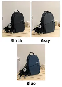 Detailed view of waterproof nylon shoulder bags in black, gray, and blue with monkey charms