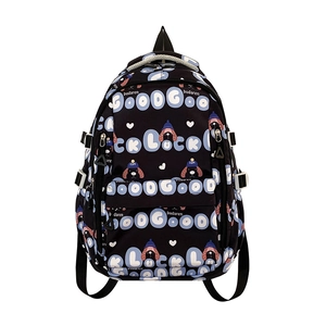 Grand sac à dos vintage noir avec motif chien de dessin animé bleu et Good Luck