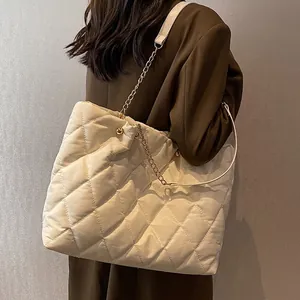 Fashion Women Quilted Padded Tote Bag Large Capacity Nylon Chain Shoulder Bag Casual Autumn Winter Commute Handbag