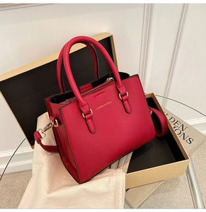 Close-up of red lychee pattern leather handbag with gold CAHRES & HEKA text and strap