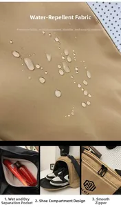 Waterproof khaki nylon travel bag details showing separate shoe and wet compartments
