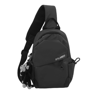 Large capacity black crossbody chest bag with STLANGS logo and monkey charm decoration