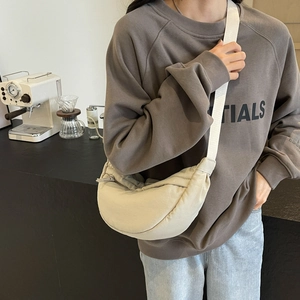 Oatmeal nylon crossbody crescent bag with adjustable wide strap for daily commute