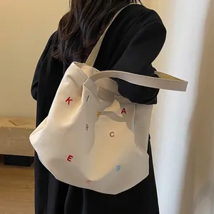Large Capacity Canvas Tote Bag For Women Embroidered Colorful Letter Commute Shoulder Bag Casual Handbag School Bag