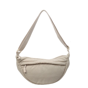 Minimalist beige nylon crescent crossbody bag with adjustable strap and front zipper pocket