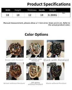 Tabla de tallas y opciones de color para bolso tipo cubo de punto con medidas