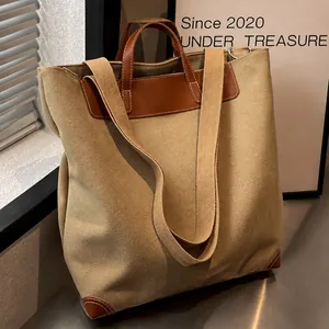 Bolso Tote de Lona Gran Capacidad Mujer Retro Adornos Cuero Contraste Bolso de Hombro Diario Correa Ajustable