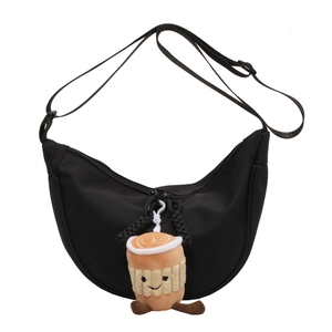 Black nylon crescent shoulder bag with wide strap and cute coffee cup plush pendant