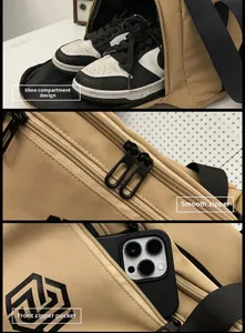 Detail of khaki travel bag with separate shoe compartment and smooth dual zippers