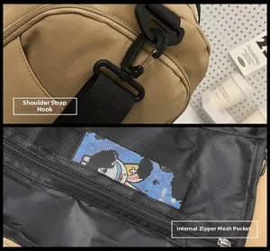 Detail of durable black plastic hook and adjustable nylon strap on a khaki travel bag