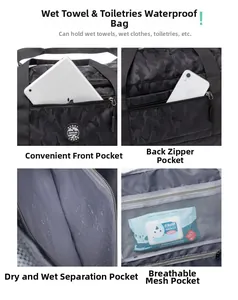 Détails du sac de voyage étanche montrant la séparation humide-sec et les poches