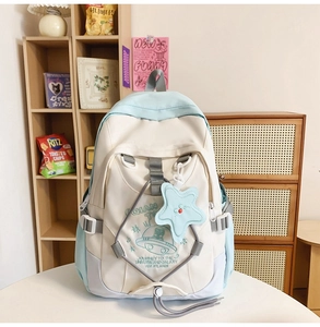 Dettaglio dello zaino patchwork azzurro con ricamo alieno e ciondolo a stella in peluche